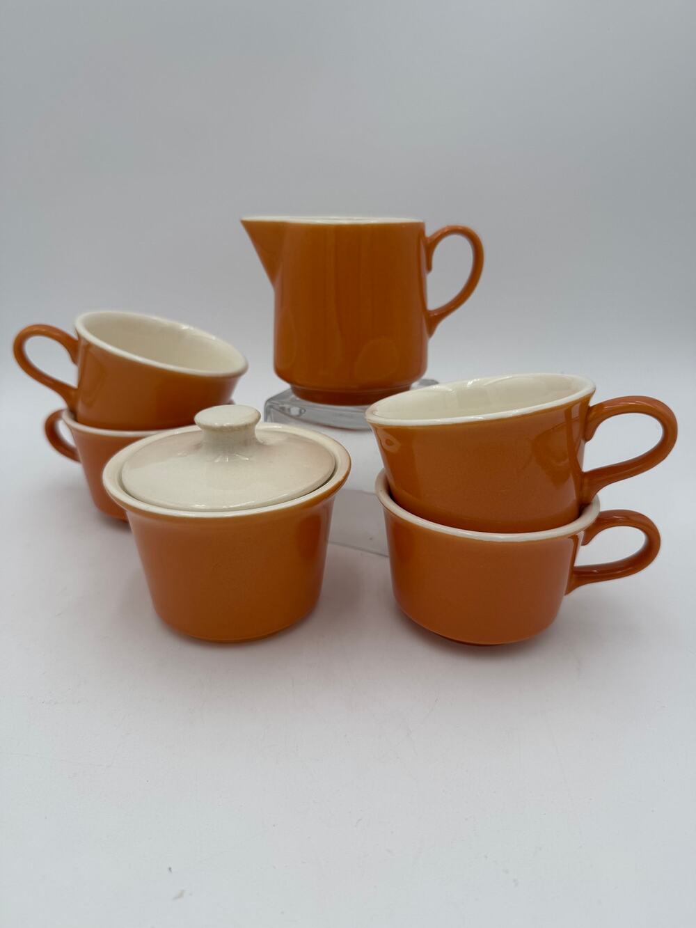 7 pc Vintage Sugar Creamer 4 Coffee Tea Mugs Butterscotch Marked USA